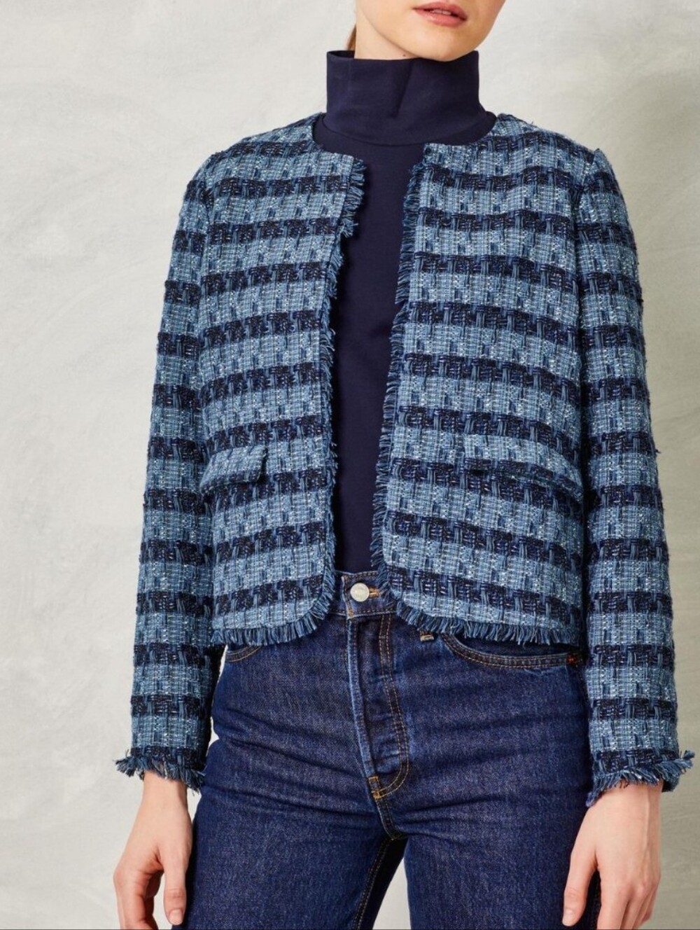 Cartolina Faye Jacket Indigo Jacquard Tweed Striped Pattern Sz XS Classic Work
